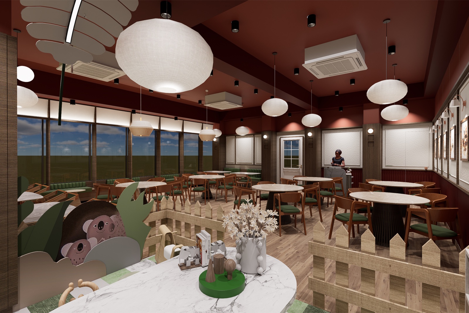 Restaurant dining room with window and table seating